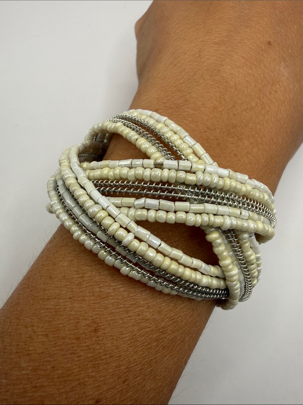 Vintage Native American Style Cream White Seed Beaded Bangle Cuff Bracelet